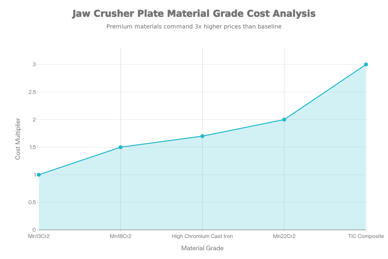 Jaw Crusher Plate Material Grade Cost Analysis (Cost Relative to Mn13Cr2 Baseline)